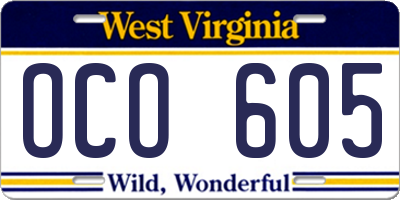 WV license plate OCO605