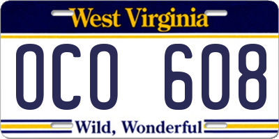WV license plate OCO608