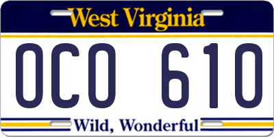 WV license plate OCO610