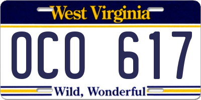 WV license plate OCO617