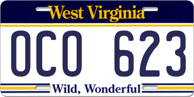 WV license plate OCO623