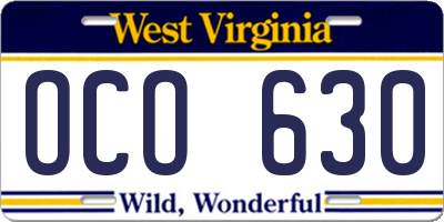 WV license plate OCO630