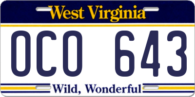 WV license plate OCO643