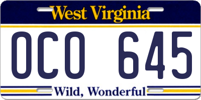 WV license plate OCO645