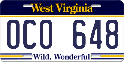 WV license plate OCO648
