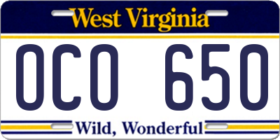 WV license plate OCO650