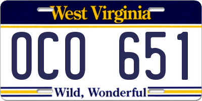 WV license plate OCO651