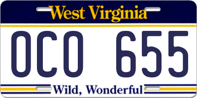 WV license plate OCO655
