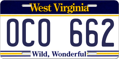 WV license plate OCO662