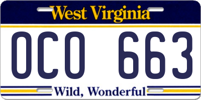 WV license plate OCO663