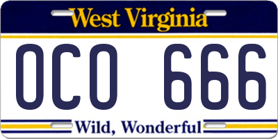 WV license plate OCO666