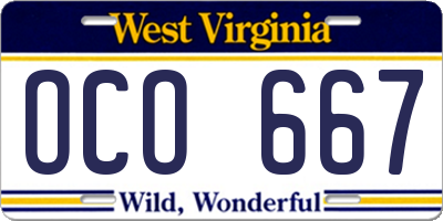 WV license plate OCO667