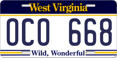 WV license plate OCO668