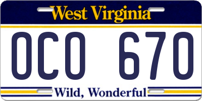 WV license plate OCO670