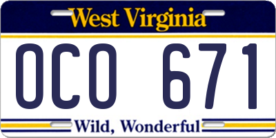 WV license plate OCO671