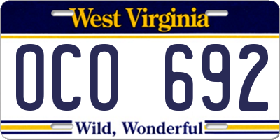 WV license plate OCO692