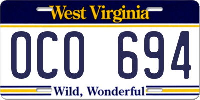 WV license plate OCO694