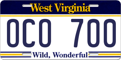 WV license plate OCO700