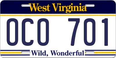 WV license plate OCO701