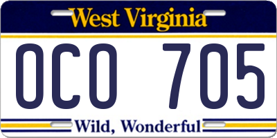 WV license plate OCO705