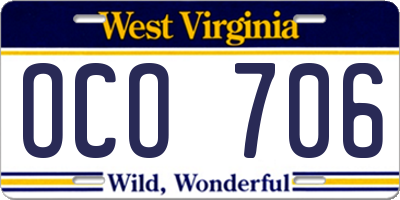 WV license plate OCO706