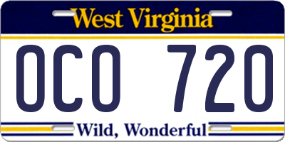 WV license plate OCO720