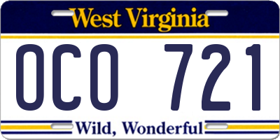 WV license plate OCO721