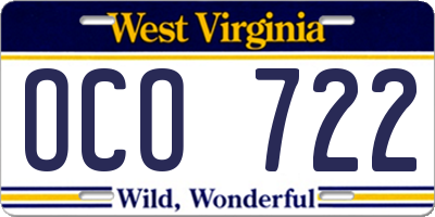 WV license plate OCO722