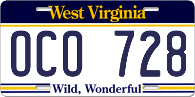 WV license plate OCO728