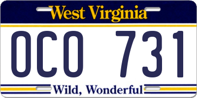 WV license plate OCO731