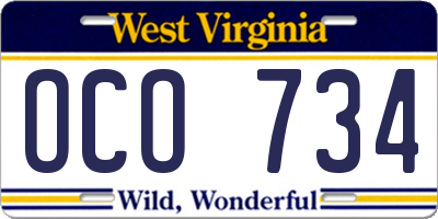 WV license plate OCO734