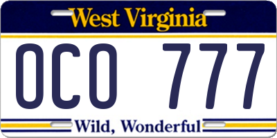 WV license plate OCO777