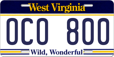 WV license plate OCO800