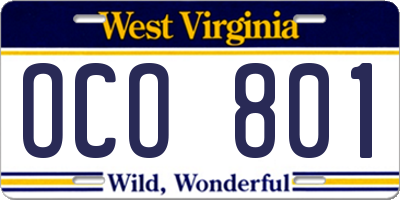 WV license plate OCO801