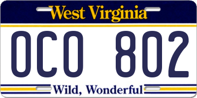 WV license plate OCO802