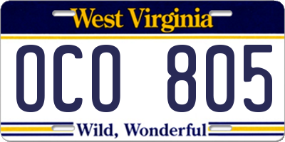 WV license plate OCO805