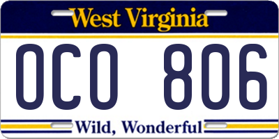 WV license plate OCO806