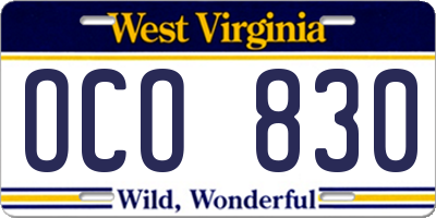 WV license plate OCO830