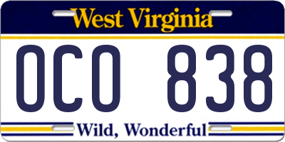 WV license plate OCO838