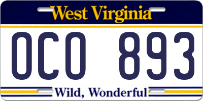 WV license plate OCO893