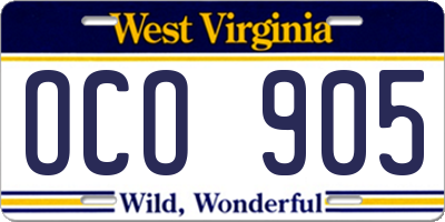 WV license plate OCO905