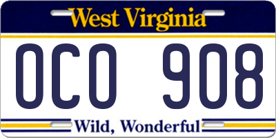 WV license plate OCO908