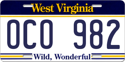 WV license plate OCO982