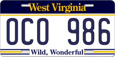 WV license plate OCO986
