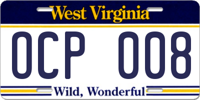 WV license plate OCP008