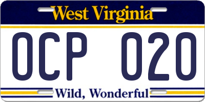 WV license plate OCP020