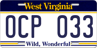 WV license plate OCP033