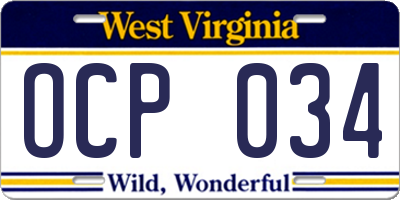 WV license plate OCP034
