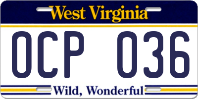 WV license plate OCP036