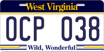 WV license plate OCP038